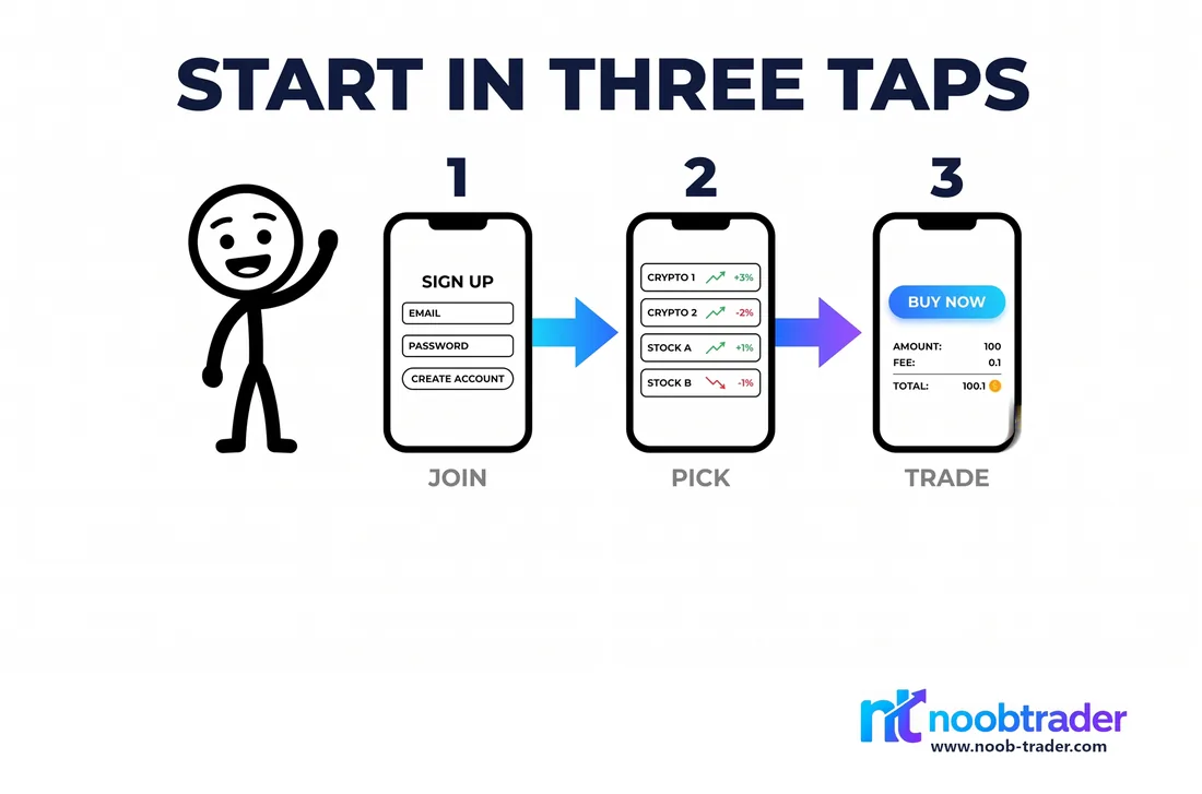 Three phone screens showing how to start: open NoobTrader, sign in, make a first trade