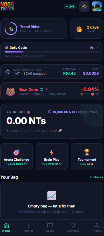 NoobTrader dark mode home screen