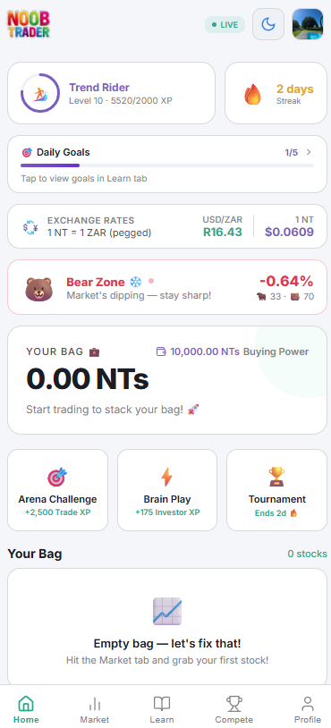 NoobTrader light mode home screen