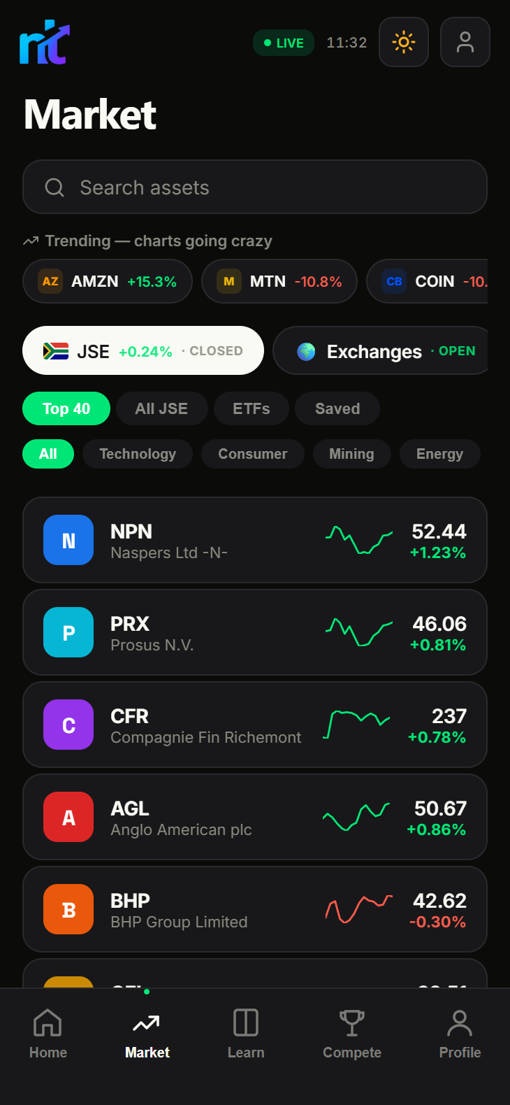 NoobTrader market screen with live prices